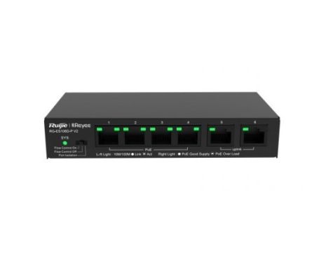 Ruijie-Reyee RG-ES106D-P V2 4-Port 10/100Mbps+2 Uplink port 10/100Mbps Unmanaged PoE/PoE+ Switch